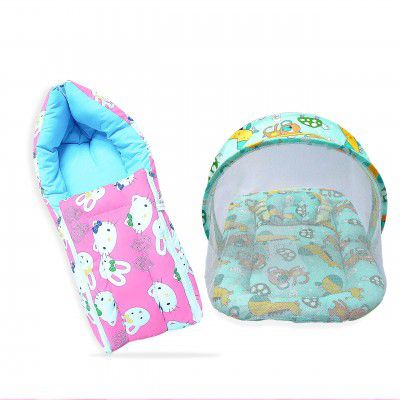 MOM & Son Baby Bedding Set Mattress with Net & Baby Sleeping Bag (0-3 Months) (Pink Kitty & Green)