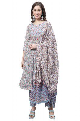Monira Womens Pure Cambric Cotton Jaipuri Floral Printed Anarkali Kurta Set with Dupatta (Ready to Wear; Blue)