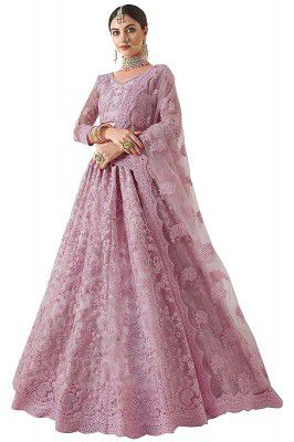 Monrav Women's Net Embroidered Semi-Stitched Lehenga Choli(Pink_Free Size)