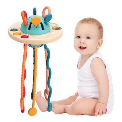 Montessori Teething Toy Set for Toddlers – Food-Grade Pull String, Perfect for 6+ Months Babies, Boys & Girls, Learning & Skills Development Toys, Travel-Friendly (UFO, Blue)