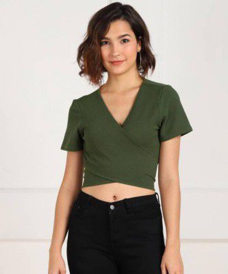 MONTREZ  Casual Regular Sleeves Solid Women Green Top