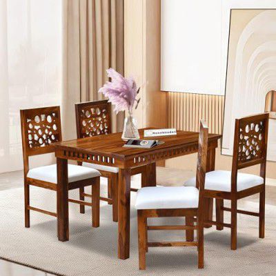 MoonWooden Solid Sheesham Wood CNC Design Dining Table 4 Seater Dining Table Set with 4 Cushion Chairs Dinner Table Set (Honey Finish)
