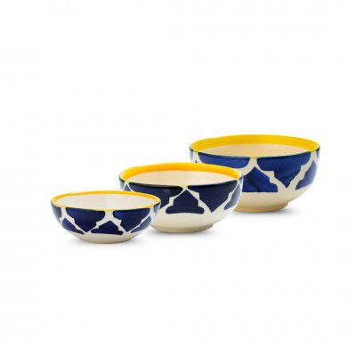 Moroccan Print Blue Ceramic Bowls Set of 3,(75ml, 125ml & 200ml)