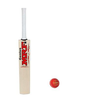 MRF English Willow Wood Grand Junior Size 4 Cricket Bat with Genius Cricket Ball (Assorted Colour)