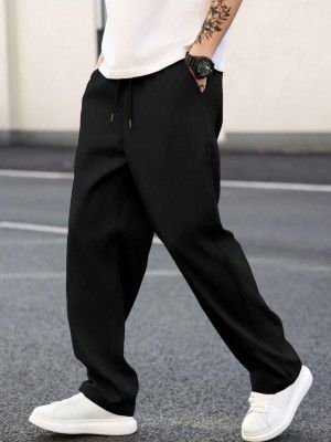 MULAVRI Solid Drawstring Relexed Fit Modern Straight Leg Pants for Men's