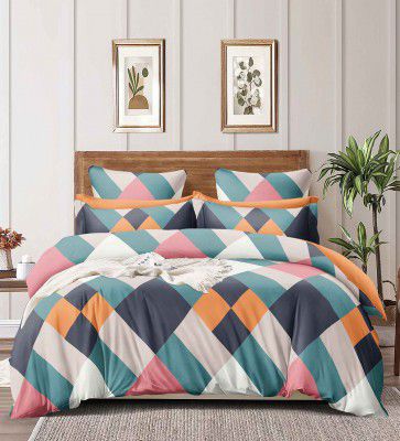 Multicolor Geometric 160 TC Microfibre Queen Sized Bedsheet with 2 Pillow Covers