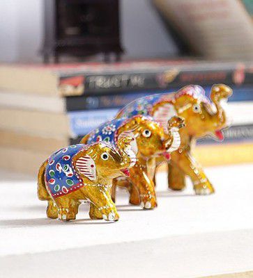 Art of Jodhpur Multicolour Solid Wood Elephant Set of 3 Figurine