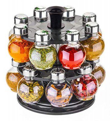 Multipurpose Revolving Plastic Spice Rack 16 Piece Condiment Set, Silver Finish (Clear)