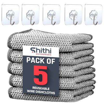 Multipurpose Wire Dishwashing Cloths for Kitchen | 5 PCS Adhesive Sticky Wall Hooks (5 Cloths & 5 J Hooks)
