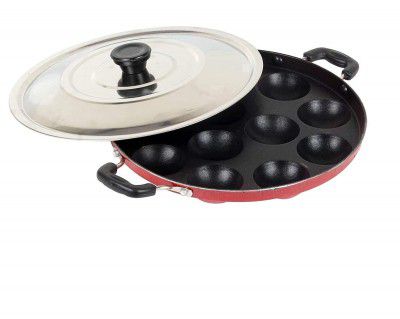 Mumma's LIFE Non-Stick 12 Cavity Grill Appam Patra 2 Side Handle with Stainless Steel Lid | (22 cm)