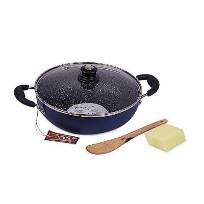 Mumma's LIFE Non-Stick Deep Kadai with Glass Lid- with Riveted and Virgin Bakelite Handle PFOA/Heavy Metal Free (Induction and Gas Stove Friendly) - (26CM, Blue)