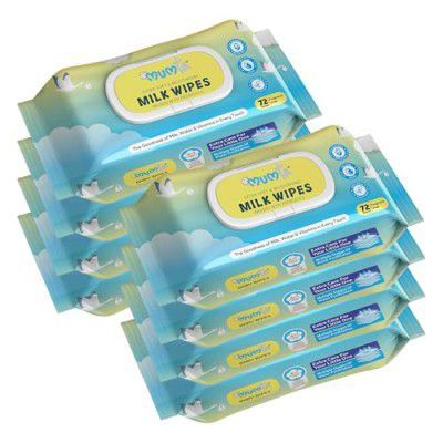 MUMta Milk baby wipes | With 99% Pure Water, Milk and Probiotics- 576 wipes (72 Each, Pack of 8)