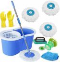 Mupkin Magic Dry Bucket Mop With , Refill And Tile Brush , Washbasin Brush , Rubber Glove , Microfiber Gloves Mop Set...
