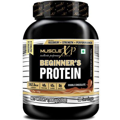 MuscleXP Beginners Protein With Digestive Enzymes (With Whey Protein), Double Chocolate 1Kg (2.2lb)