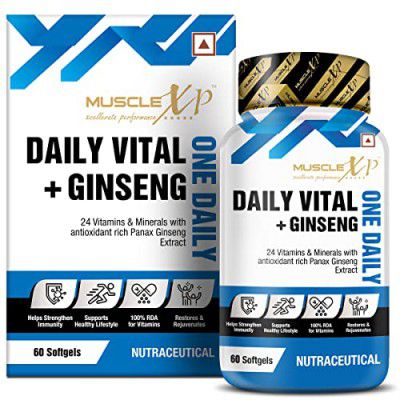 MuscleXP One Daily Vital + Ginseng Multivitamin with 24 Vitamins & Minerals + Panax Ginseng for Men & Women, 60 Softgels