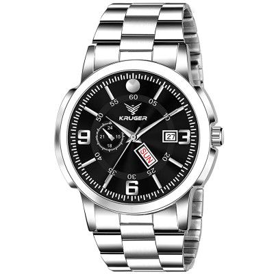 MWST-2209 Black Dial Stainless Steel Slim Case Day and Date Functioning Analog Wrist Watch for Men