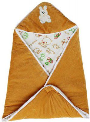 My New Born Printed Single Hooded Baby Blanket for AC Room (Cotton, Brown, White)