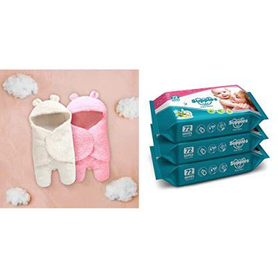 My Newborn Baby Boys and Baby Girls 3 in 1 Baby Blanket-Safety Bag-Sleeping Bag Pack of 2 Pcs&Supples Baby Wet Wipes with Aloe Vera and Vitamin E - 72 Wipes/Pack, (Pack of 3)