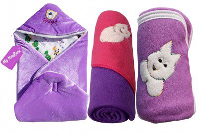 My NewBorn Baby Polar Fleece AC Blanket (Purple, 0-3 Months) - Pack of 3