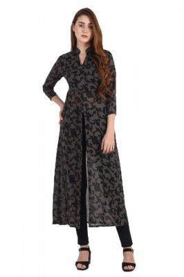 My Swag Women's 3/4 Sleeve Black Color Front Slit Dress