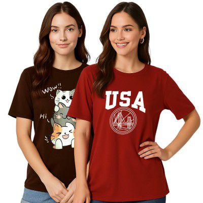 My Swag Womens Graphic T-Shirt Pack of 2, Cotton Casual, Gym, Daily Summer Wear