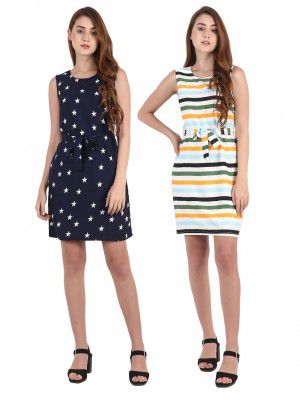 My Swag Women's Western Multi Color Sheath Zigzag Mini Dress & Blue Color Fit and Flare Dress