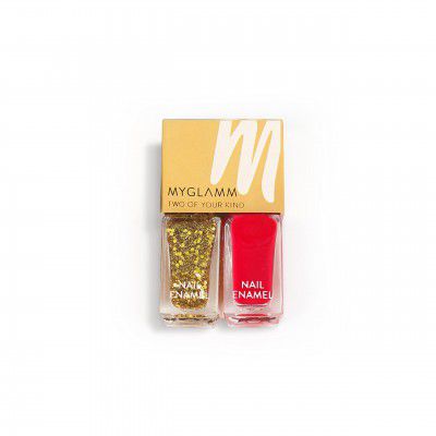 MyGlamm Two Of Your Kind Nail Enamel Duo Glitter Collection-High on Drama (Blood red + Gold Glitter)-| Long-Lasting Gel Finish Nail Polish Set