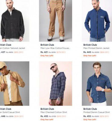 Myntra : Upto 85% OFF - British Club Clothings | Starts at Rs.380