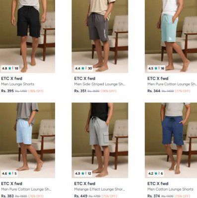 Myntra : Up to 78% OFF - Etc X Fwd Lounge Shorts | For Mens