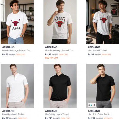 Myntra : Up to 86% OFF - Atigiano T shirts | Starts At Rs.99