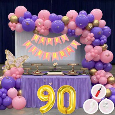 Mystic Toy Store 90th Birthday Decoration Items for Pink and Purple Theme  | 50 Pcs Pink Purple Gold Balloon | Pink Birthday Banner | Balloon Pump | Arch Tape | Glue Dots