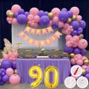 Mystic Toy Store 90th Birthday Decoration Items for Pink and Purple Theme  | 50 Pcs Pink Purple Gold Balloon | Pink Birthday Banner | Balloon Pump | Arch Tape | Glue Dots...