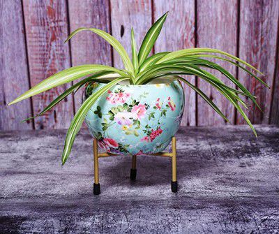 N.A Supplier Designer Iron Plant Pot with Rust Free Metal Stand - Beautiful Floral DesignPlanters, Home décor Planters (Aqua), 1 Piece