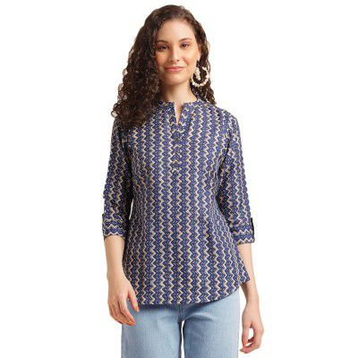 NAINVISH Tops for Women Printed Shirt Top for Women | Tops for Women Stylish Latest | Office Wear Tops for Women | Cotton Blend Tops for Women | Mandarin Collar Top