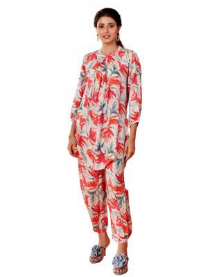 NAINVISH Women's White & Red Printed Straight Cotton Blend Round Neck Co-ord Set