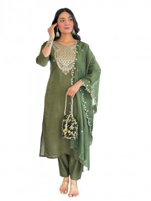 Naixa Women's Chanderi Embroidered Straight Kurta with Pant and Dupatta Sets (SRS-103)