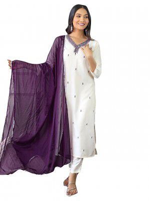 Naixa Women's Rayon Sequin Embroidered Straight Kurta with Rayon Pant and Chinon Laced Dupatta Sets