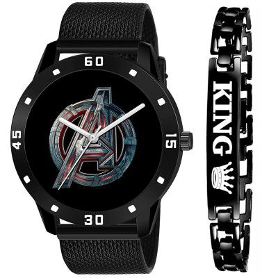 Nakoda Analog Black Dial- Pu Strap & Black King Bracelet
