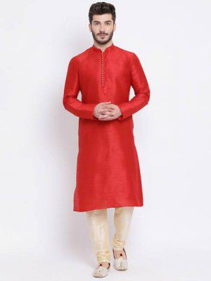 Namaskar  Men Solid Dupion Silk Straight Kurta