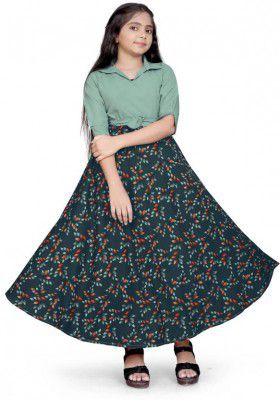 Namaste Fab Designer  Girls Maxi/Full Length Casual Dress  (Light Green, 3/4 Sleeve)