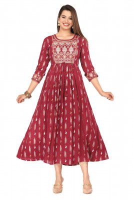 NANAK FEB Women's Embroidered Printed Rayon Long Kurti for Regular Wear Girls Flared Kurta