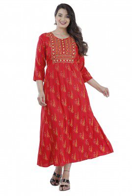 NANAK FEB Women's Embroidery Rayon Anarkali Kurti for Girls Printed Regular Wear Long Kurta