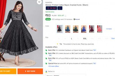 NANERA Women Printed Cotton Rayon Anarkali Kurta  (Black)