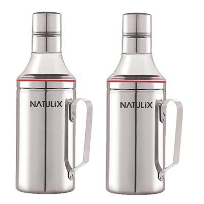 NATULIX® Stainless Steel Nozzle Oil Dispenser 1 Litre | Oil Pourer | Oil Pot | Oil Container | Oil Can | Oil Bottle with Handle - 1000 ml each | Silver (Pack of 2)