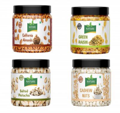 Nature Krafts Fresh and Healthy Premium Raw Nuts/Dry Fruits Pack of California Almonds, Cashew, Raisin & Salted Pistachio (200 gm * 4) (Jar Pack)