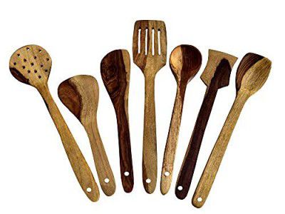natureCrafts Wooden Cooking and Serving Spoons Non Stick (Set of 7) - Kitchen Tools Utensils SpatulasLadles