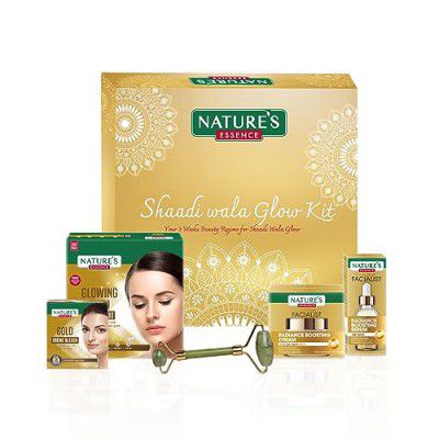 Nature's Essence Shaadi Wala Glow Kit - 3 weeks ritual | Gold Facial kit, Serum, cream & Jade Roller | Suitable for all skin types | Pack of 5, 126g +30ml