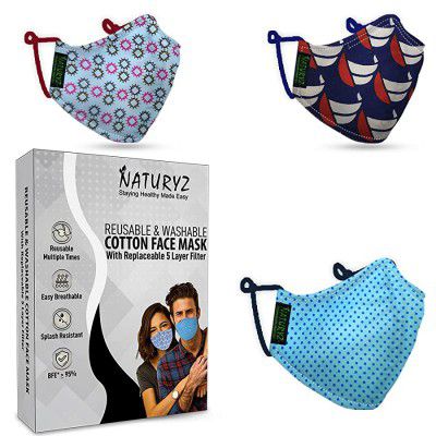 Naturyz Cotton Printed Reusable & Washable Face Mask with Replaceable N95 SITRA Certified 5 Layer Filters (Without Valve, Pack of 3)