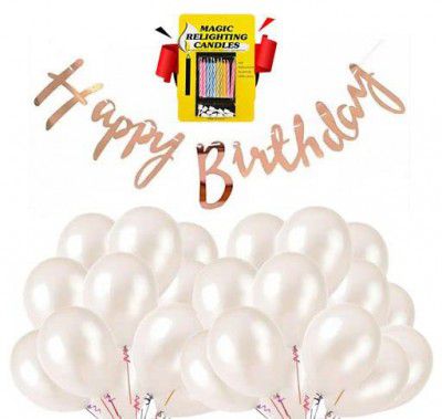 Naveen decoration kit 32 pcs (30 pcs White Metallic Balloons, 1 set Gold Happy Birthday Banner, 1 pkt Stick Candle)