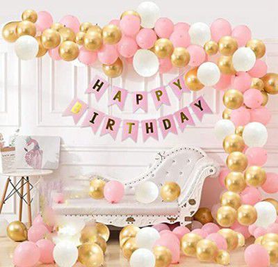 Naveen decoration kit 32 pcs(10+10+10 pcs Pink, Gold and White Metallic Balloons, 1 set Happy Birthday Banner, 1 Roll Balloon Arch )